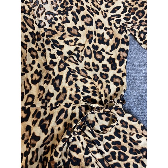 H&M Blouse Womens 4 Tan Black Leopard Long Sleeve Cross Tie Ruffle NEW Career‎ - Picture 3 of 10